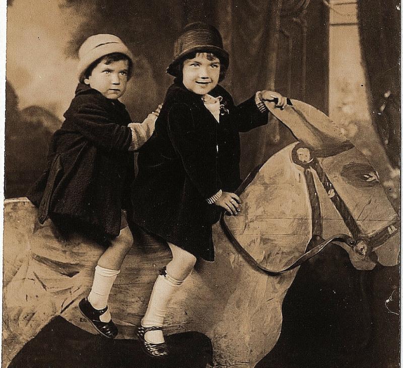 1927 RPPC Brother & Sister Rucker on Wooden Donkey Jackass Real Photo Postcard