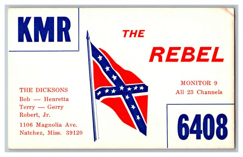 QSL Radio Card From Natchez Miss. Mississippi The Rebel KMR 6408