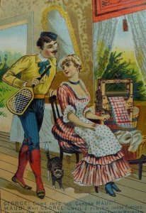 1870's-80's New Empire Wringer Lady Laundry Man Tennis Racket Monocle Cat F99