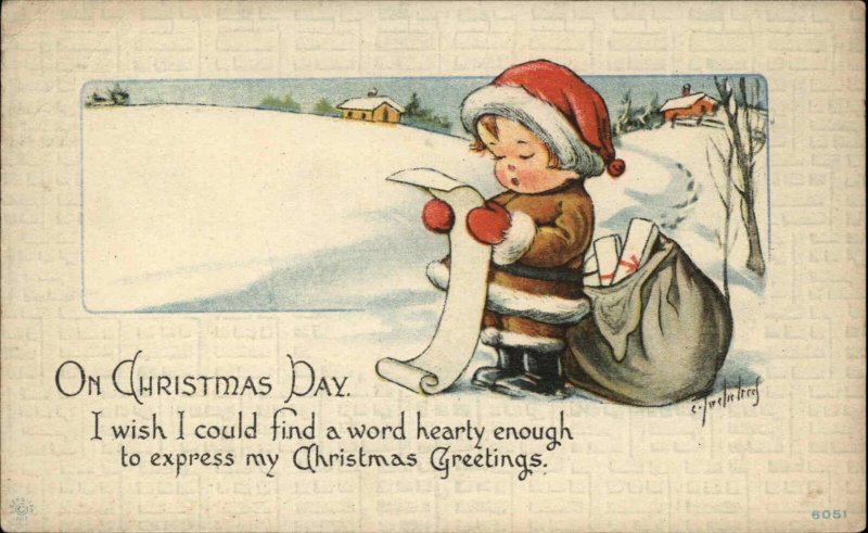 Twelvetrees Christmas Little Boy in Santa Suit Reads List Vintage Postcard