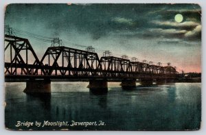 Davenport Iowa~Bridge Across Mississippi River @ Night~Full Moon~c1910 Postcard