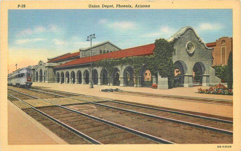 Arizona Limited Union Depot 1940s Phoenix railroad Teich linen postcard 10309