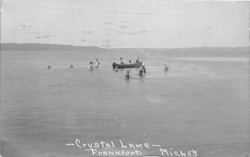 G21/ Frankfort Michigan RPPC Postcard 1931 Crystal Lake Canoe Swimmers