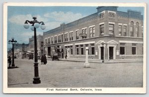 Oelwein Iowa~First National Bank Corner~Businesses Down Street~Autos~1929 PC