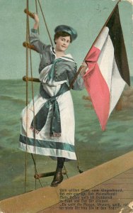 Vintage Postcard German Woman on Ship's Rigging with German Flag