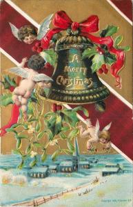 Christmas Cherubs Decorate Bell~Church Below~Holly~Ribbons~Gold~Emboss~P Sander
