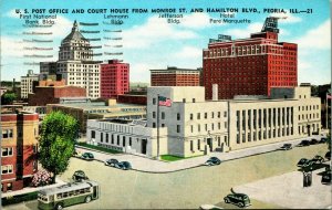 United States Post Office & Court House From Monroe St Peoria IL Linen Postcard