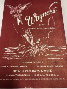 Vintage 40s WAGNER'S Grill Restaurant Menu Atlantic Ave Daytona Beach Florida