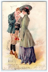 1907 Sweet Couple Romance Flowers Embossed Freeport IL Posted Antique Postcard