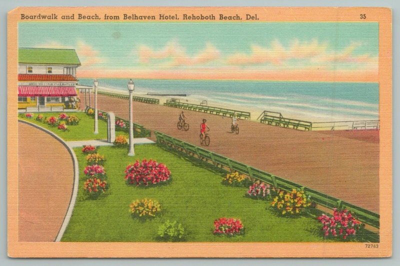 Rehoboth Beach Delaware~Boardwalk Beach From Belhaven Hotel~1940s Linen Postcard