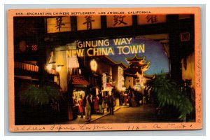 Vintage 1947 Postcard Ginling Way at Night New Chinatown Los Angeles California