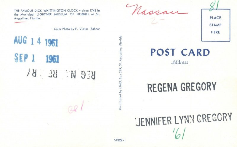 Vintage Postcard 1961 Dick Whittington Clock Lightner Museum St