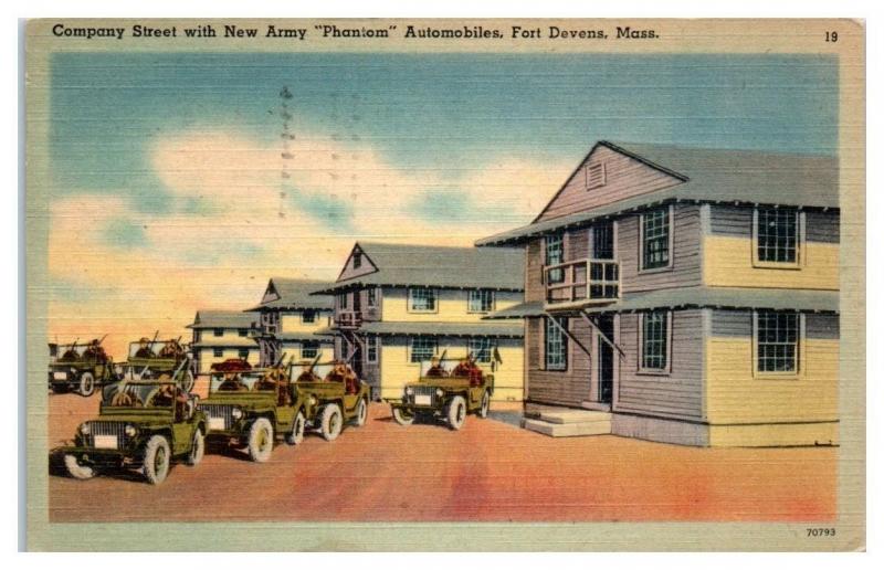 1942 Company Street w/ New Army Phantom Automobiles, Fort Devens, MA Postcard