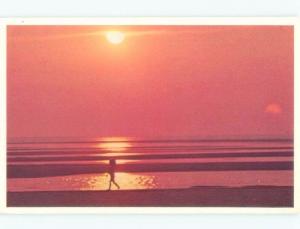 Pre-1980 SILHOUETTE OF CHILD WALKING ALONG SHORELINE AT SUNSET Cape Cod MA d7059