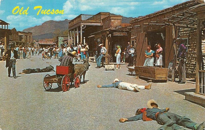 OLD TUCSON, AZ Arizona  OLD WEST GUN BATTLE  Roadside  c1950's Chrome Postcard