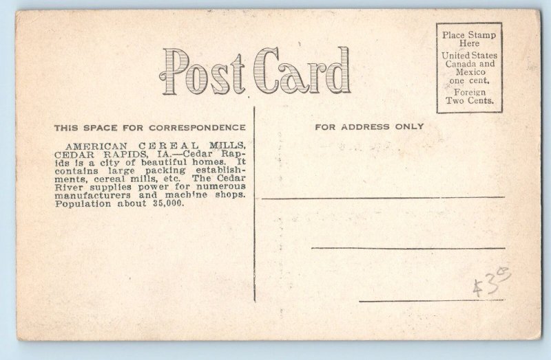 Cedar Rapids Iowa IA Postcard American Cereal Mills Building c1910's Antique