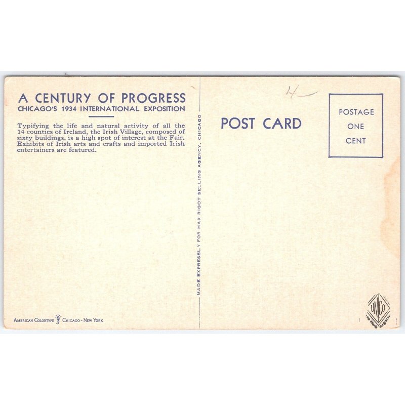 Postcard Chicago 1934 International Exposition Irish Village