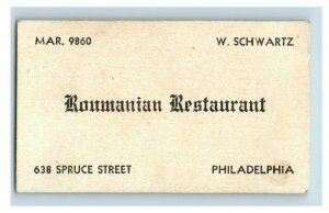 1920s-30s Roumanian Restaurant W. Schwartz Philadelphia Business Card F43