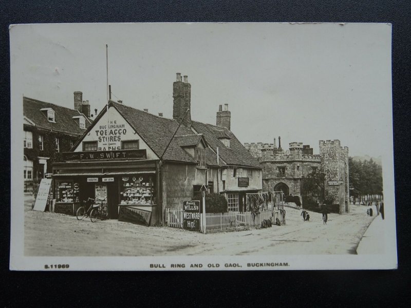 Buckingham BULL RING & OLD GAOL showing F.W. SWIFT Shop c1920s RP Postcard