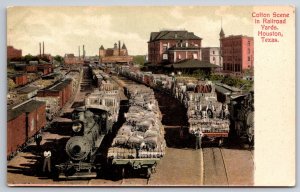 Houston Texas~Railroad Yards~Cotton Bales Pack RR Cars~Locomotive~Workers~1907