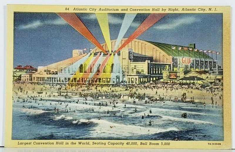 Atlantic  City NJ Auditorium and Convention Hall by Night Postcard J12