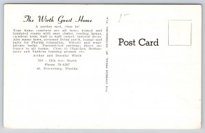 St Petersburg Florida~Wirth Guest Home Front View~Palms~Porch~1950s Postcard