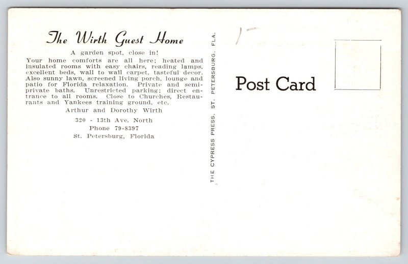 St Petersburg Florida~Wirth Guest Home Front View~Palms~Porch~1950s Postcard