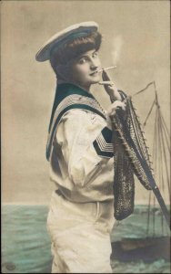 Beautiful Woman Sailor Suit Fishing Net Smoking Cigarette c1910 Tinted RPPC