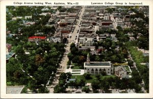 Vtg 1920s Birds Eye View of College Avenue Lawrence College Appleton WI Postcard