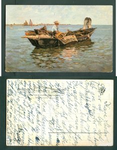 Russia ? Postcard.  Written. Fishing, Row Boat. Sail Ships.