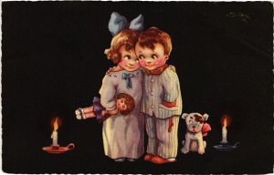 PC ARTIST SIGNED, SAGER, BOY AND GIRL WITH CANDLES, Vintage Postcard (b46342)