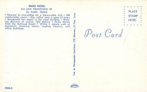 Vintage Postcard El Paso TX Knox Hotel & Greyhound Bus Depot, Fountain Food