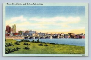 Cherry Street Bridge and Skyline Toledo Ohio OH UNP Linen Postcard O1