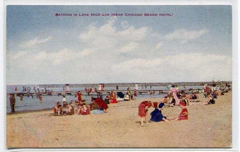 Bathing Beach Scene Lake Michigan near Chicago Beach Hotel 1910c postcard