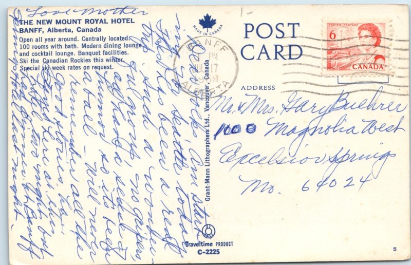 c1960s Banff AB New Mount Royal Hotel Postcard Street View Canadian Rockies Cars
