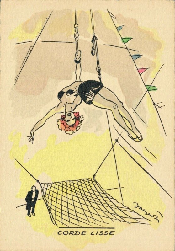 Circus postcard Artist Signed Acrobat Corde Lisse BS.01