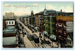 c1910's Broadway Looking North From Benton Trolley Aurora Illinois IL Postcard 