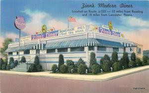 1950s Zinn's Modern Diner Flag Pennsylvania Roadside TICHNOR postcard 1028