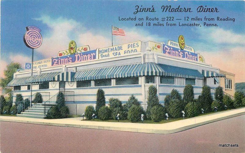 1950s Zinn's Modern Diner Flag Pennsylvania Roadside TICHNOR postcard 1028