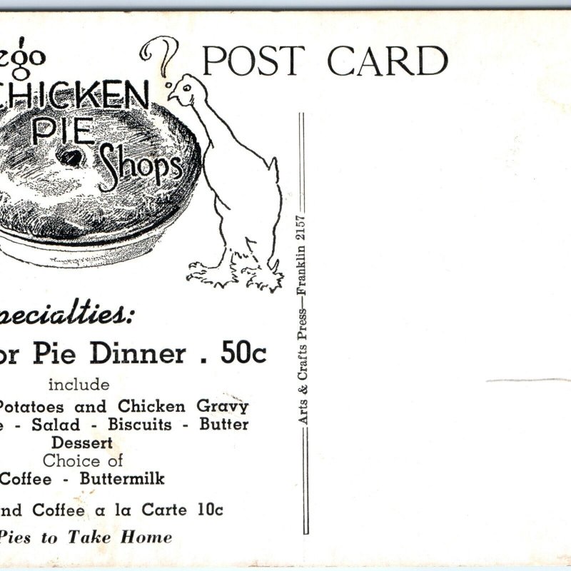 c1930s San Diego, CA Chicken Pot Pie Shop Advertising Restaurant Postcard A116