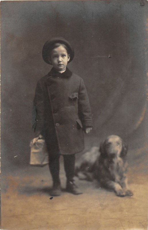 F71/ Interesting Real Photo RPPC Postcard c1910 Child Pet Dog Hat 20