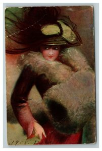 Vintage 1908 Fine Art Postcard Woman in Fine Hat Fur Hand Covers Beautiful
