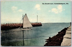 Kennebunkport Maine ME, The Breakwater, Sea, Sailing Boat, Vintage Postcard