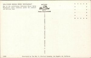 Vtg 1950s Hollywood brown Derby Restaurant California CA Unused Postcard