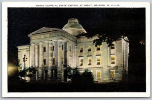 Vtg Raleigh NC North Carolina State Capitol at Night 1940s View Linen Postcard