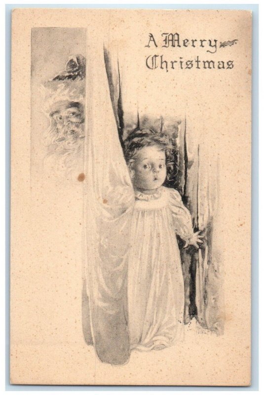 1914 Christmas Little Girl Hiding To Santa Claus Schenectady New York Postcard