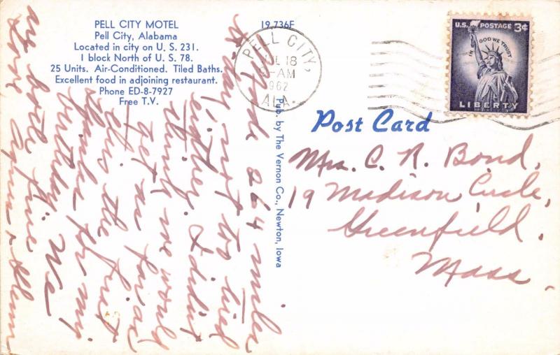 PELL CITY ALABAMA PELL CITY MOTEL US 231 & 78  POSTCARD c1962