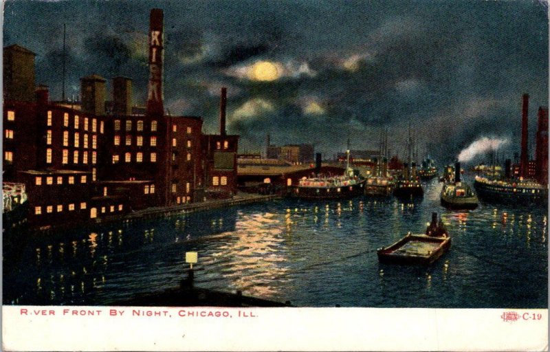 Illinois Chicago Riverfront By Night Full Moon 1908