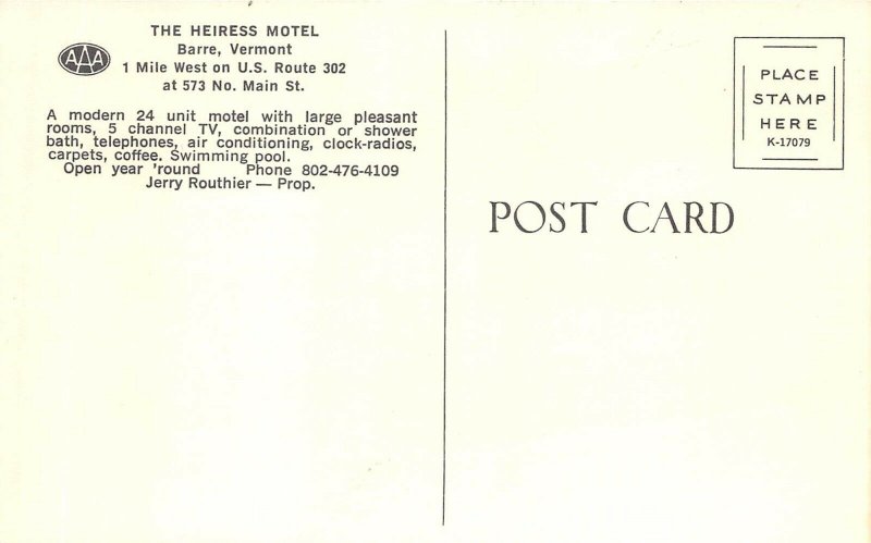 Barre Vermont 1950s Postcard The Heiress Motel