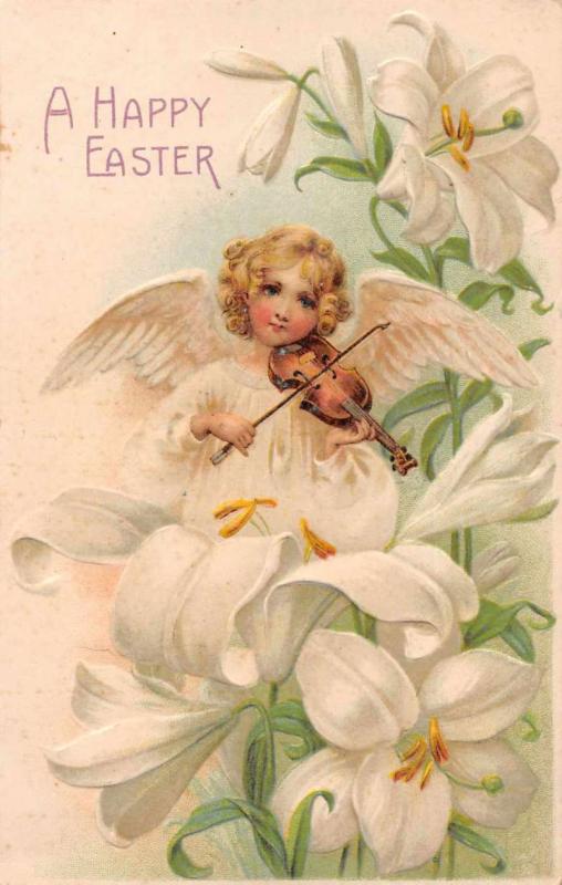 Easter Greetings Angel Playing Violin White Lilies Antique Postcard J72477